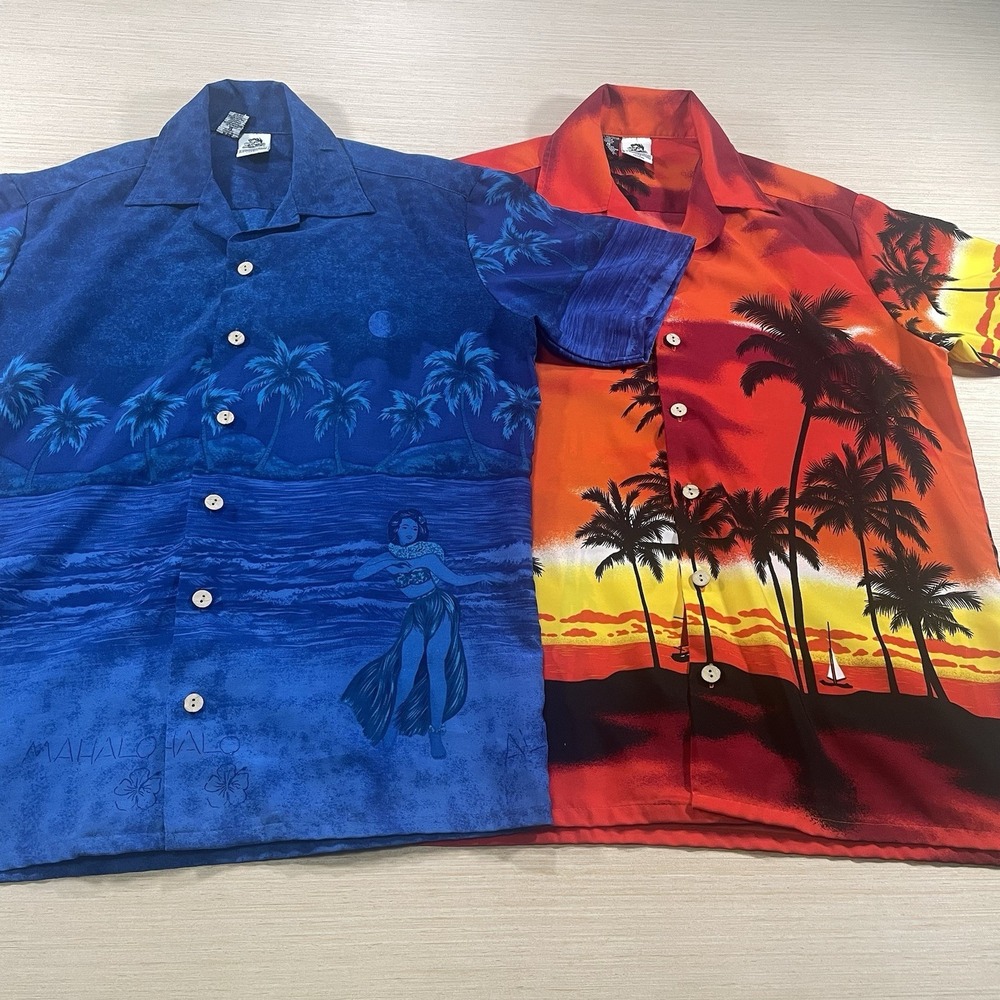 Kennington Aloha Shirt M Tropical Sunset Palm Tree Beach Camp Y2K 2pc Bundle